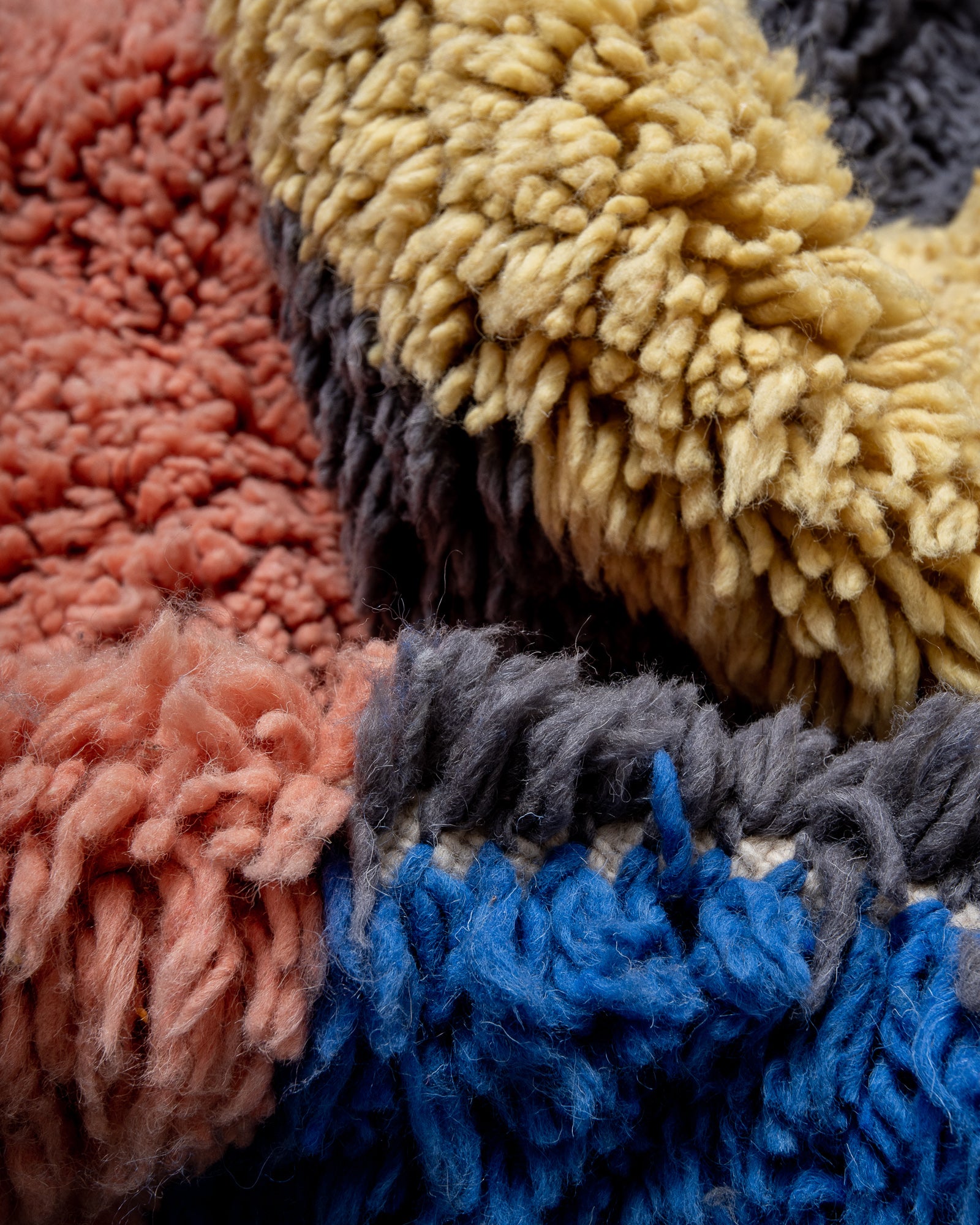 Modern, designer, handcrafted Berber rug from Morocco. Beniourain carpet with beautiful colours and patterns and fluffy wool texture.
